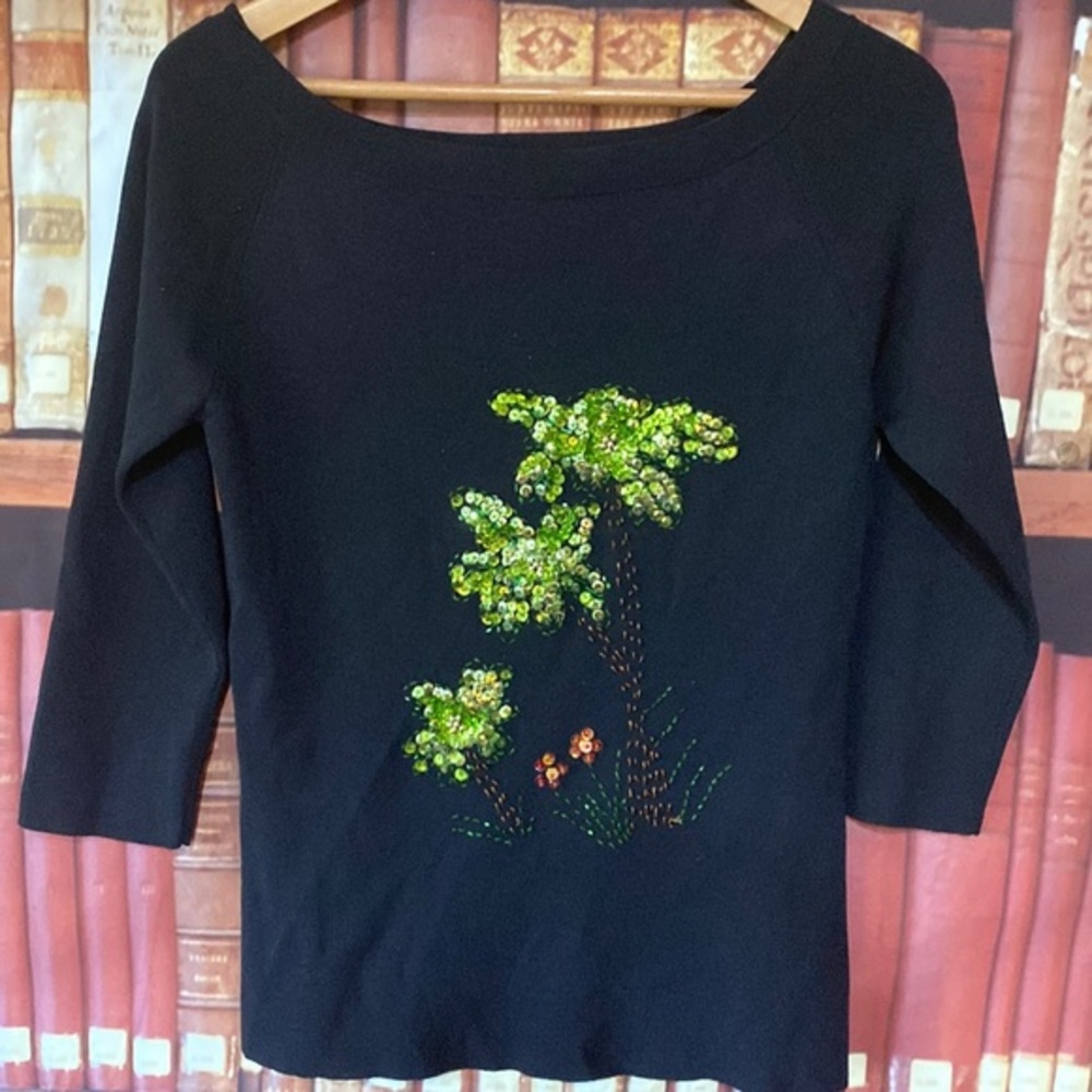 Vintage Lou Nardi Black Beaded Sequin Palm Tree Top M Tropical Y2K